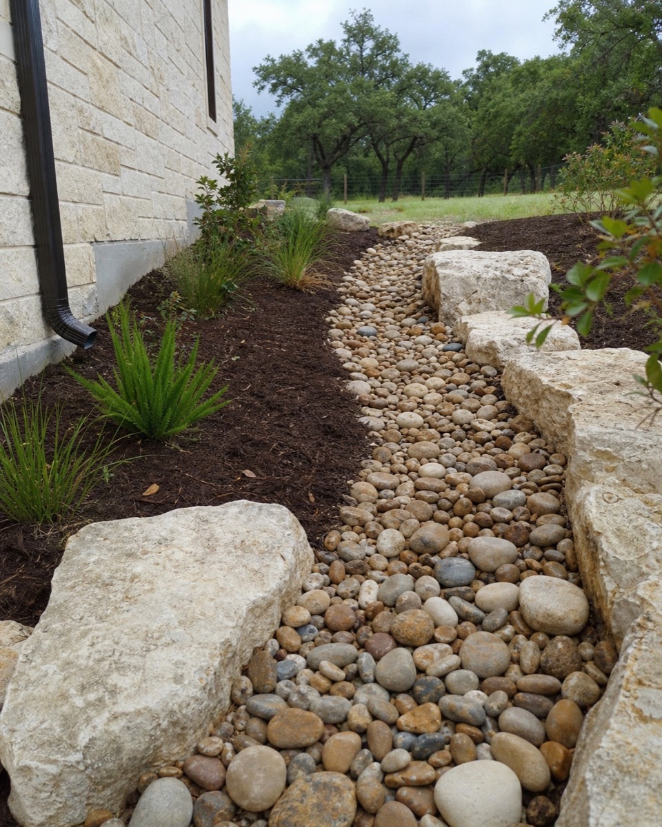 Yard drainage grading and river rock swale