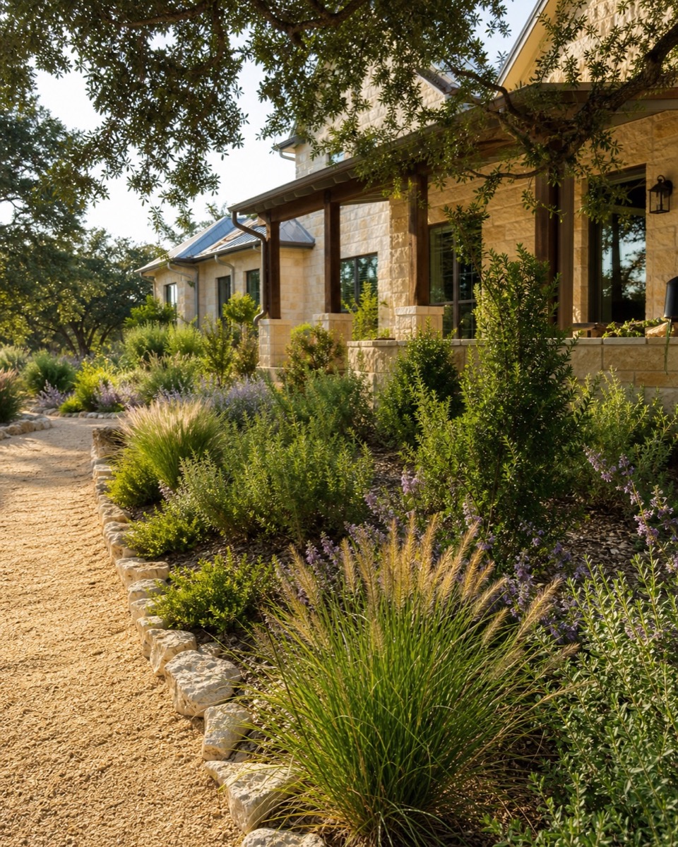 Finished Hill Country landscape with native plants and stone