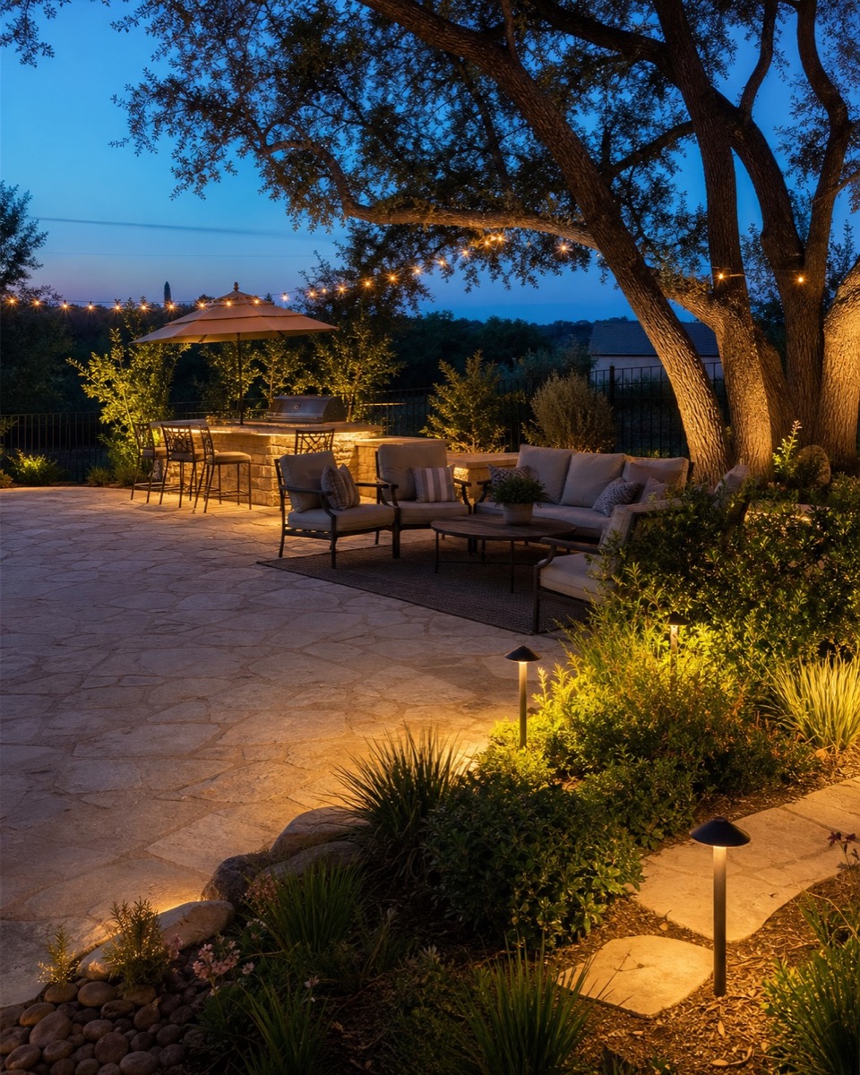 Outdoor living area with landscape lighting